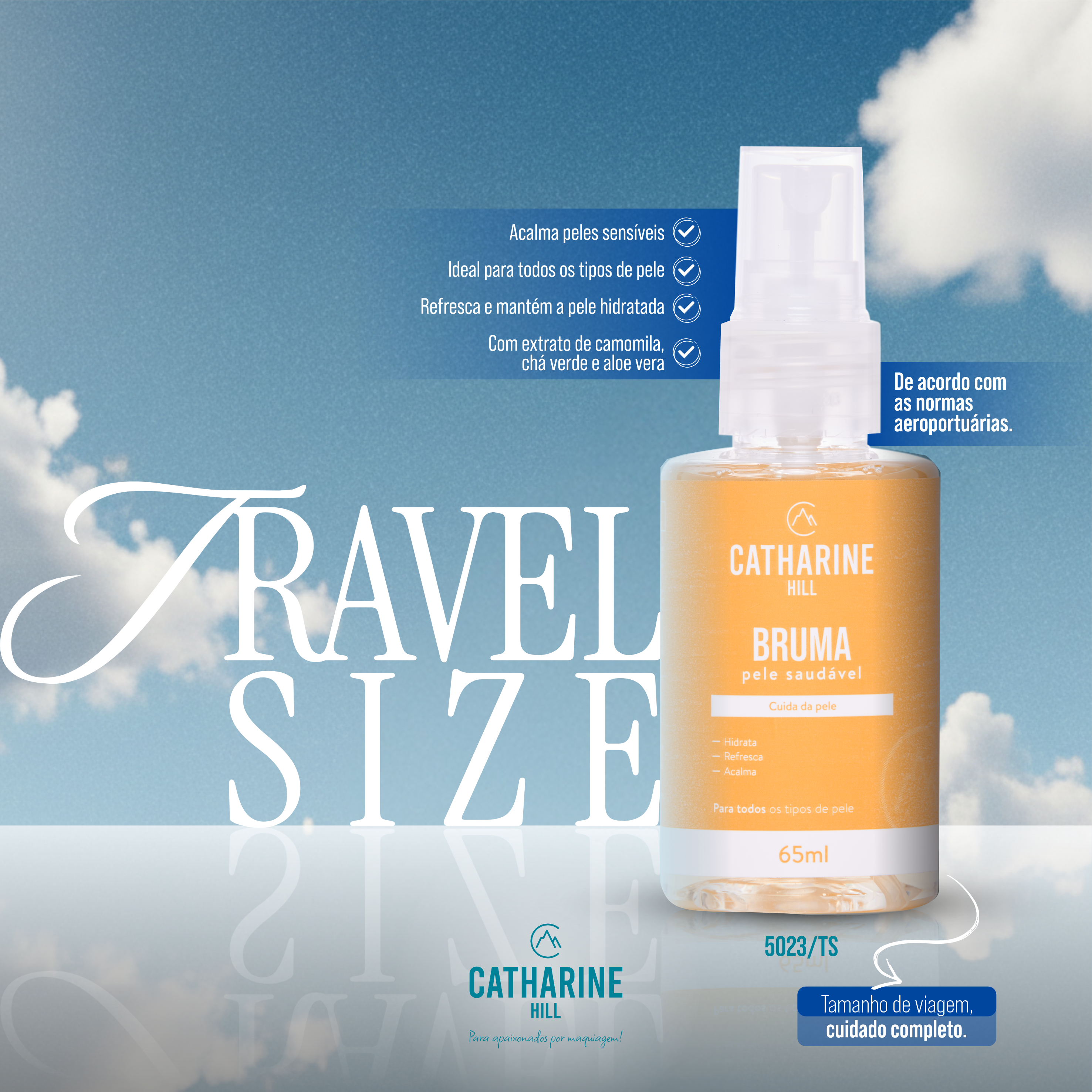 Benef&iacute;cios e embalagem da Bruma Hidratante Pele Saud&aacute;vel Travel Size 65 ml Catharine Hill